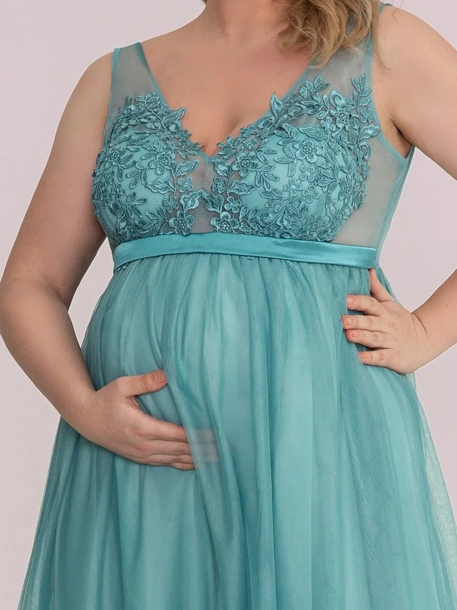 Plus Size Double V-Neck Lace Bodice Long Flowy Maternity Dress