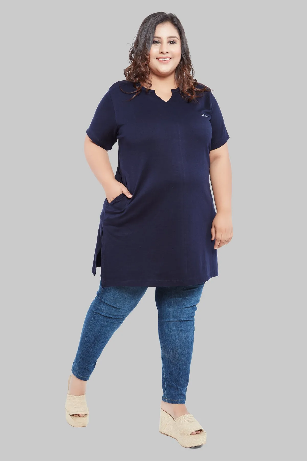 Plus Size Half Sleeves Long Top For Women - Black/Navy Blue/Grey