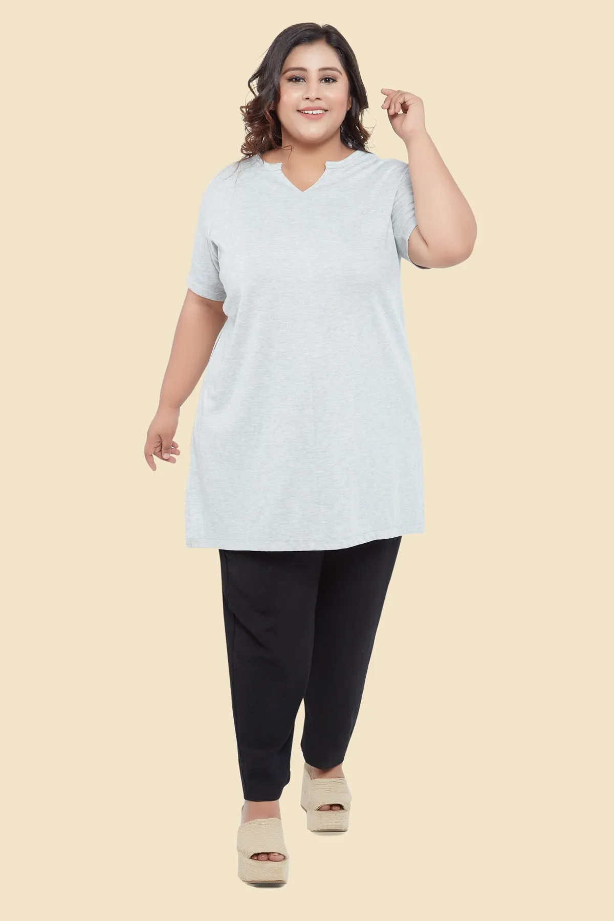 Plus Size Half Sleeves Long Top For Women - Black/Navy Blue/Grey