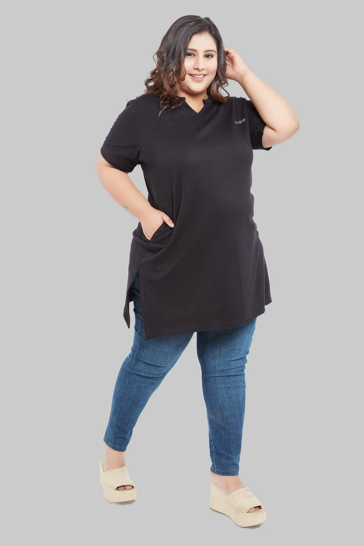 Plus Size Half Sleeves Long Top For Women - Black/Navy Blue/Grey