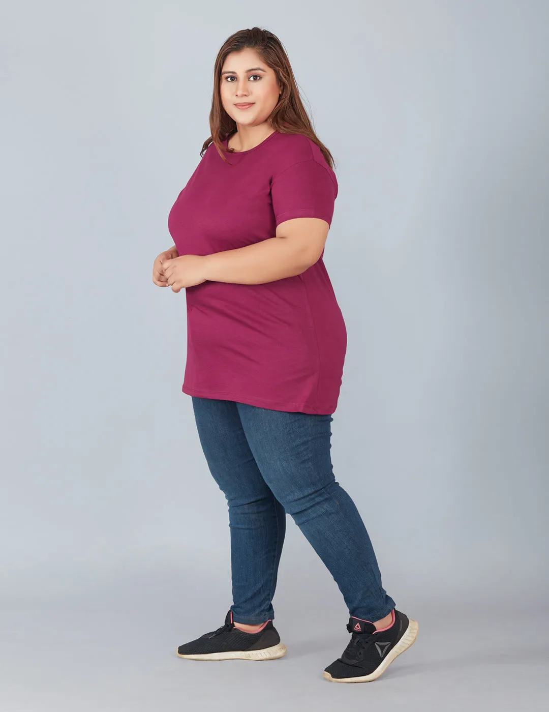 Plus Size Plain Cotton T-Shirt For Women - Purple