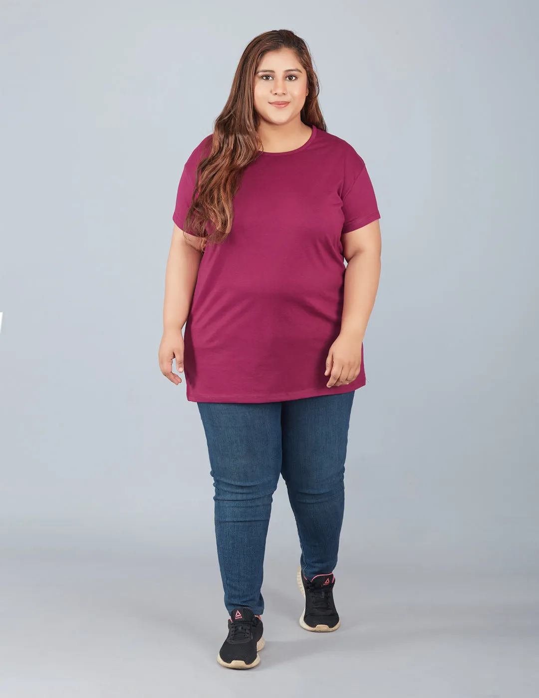 Plus Size Plain Cotton T-Shirt For Women - Purple