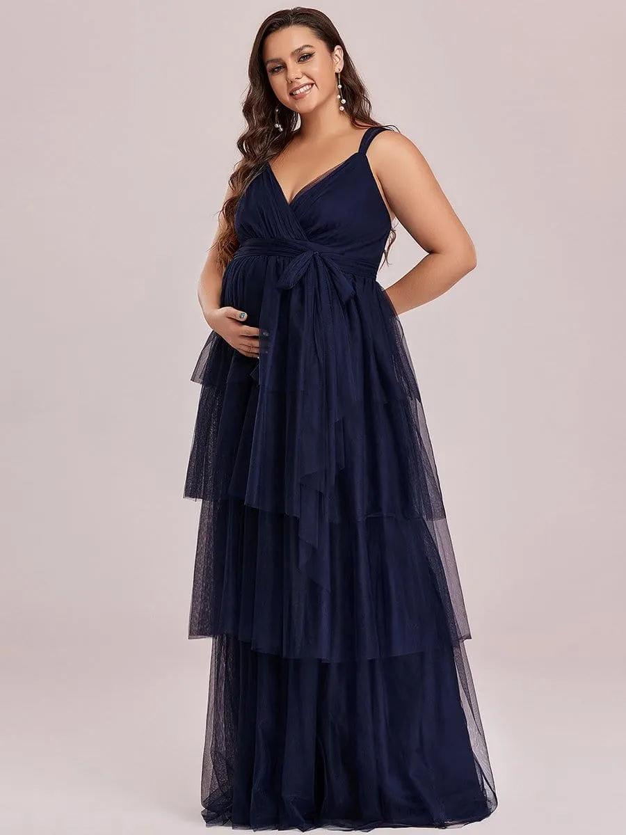 Plus Size Tie Waist V-Neck Tiered Floor-length Maternity Dress