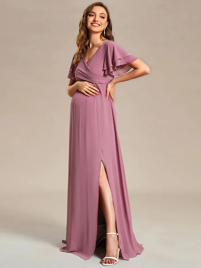 Ruffle Sleeves Split Chiffon Maternity Dresses