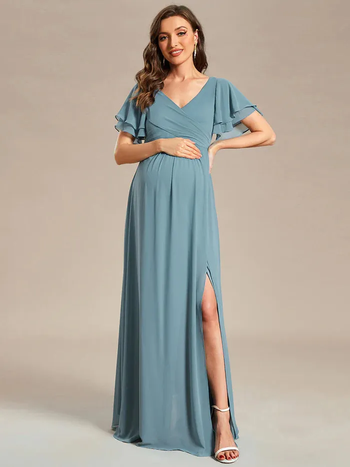 Ruffle Sleeves Split Chiffon Maternity Dresses