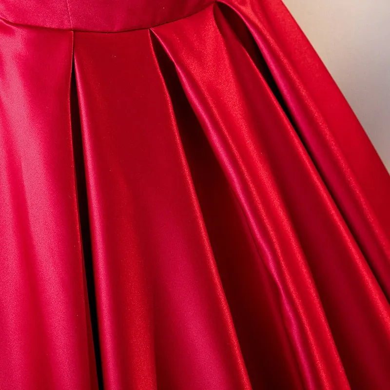 Satin Feel Red Dress Slash Neck Bow