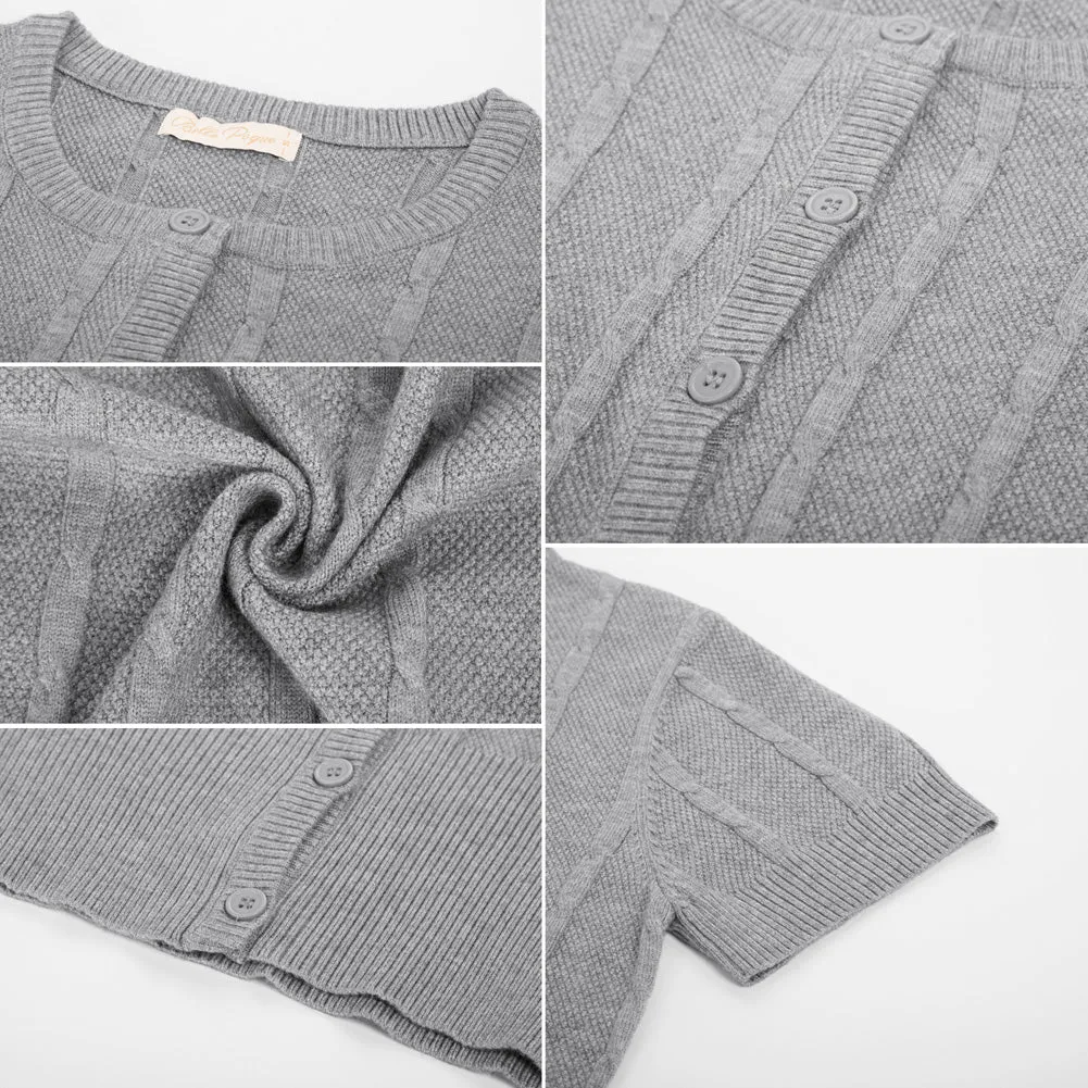 Short Puff Sleeve Crew Neck Button Placket Cropped Knitwear Cardigan