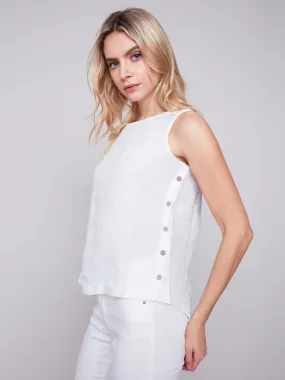 Sleeveless Linen Top with Side Buttons - White