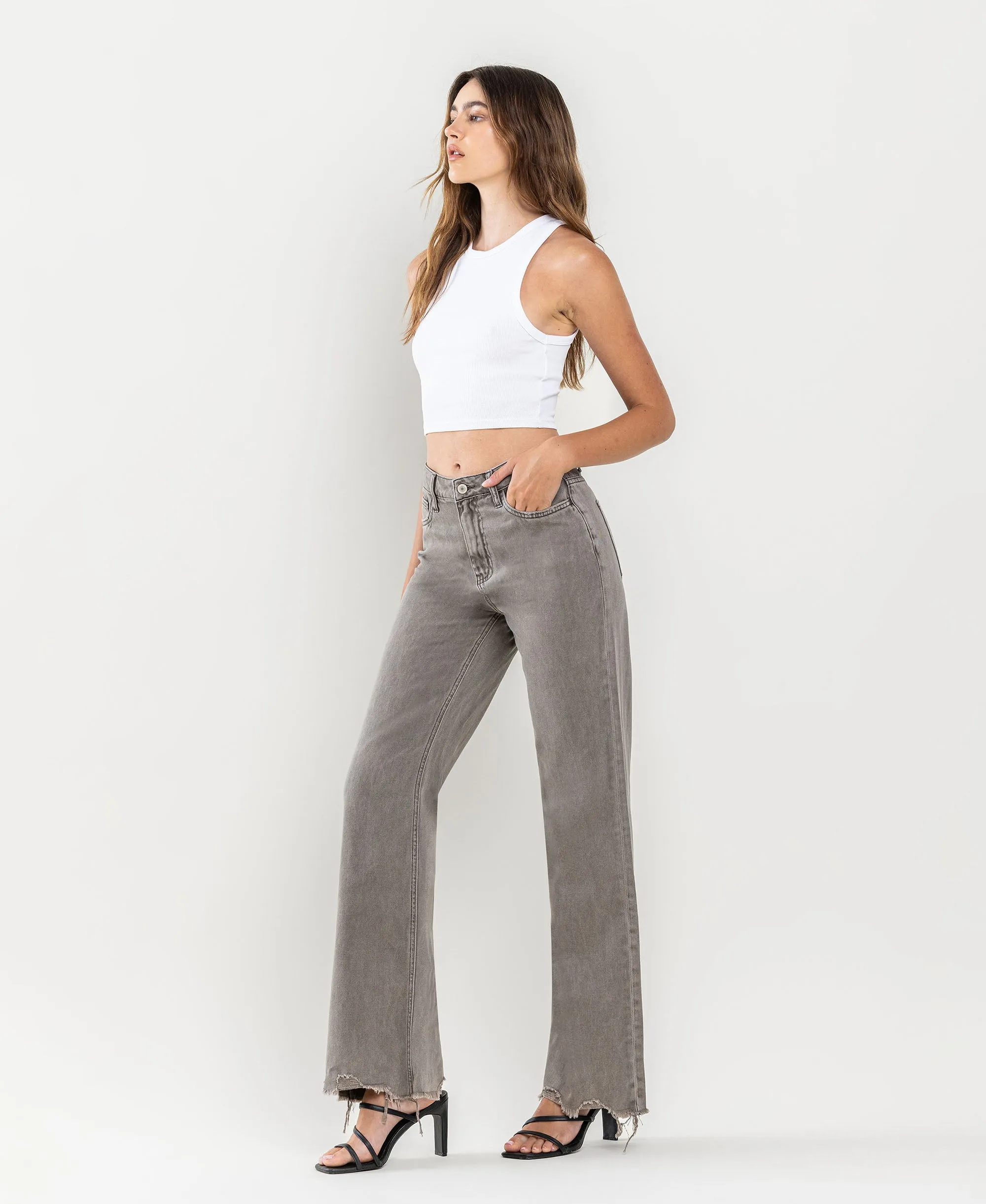 Smokey Olive - Super High Rise 90's Vintage Hem Detail Flare Jeans