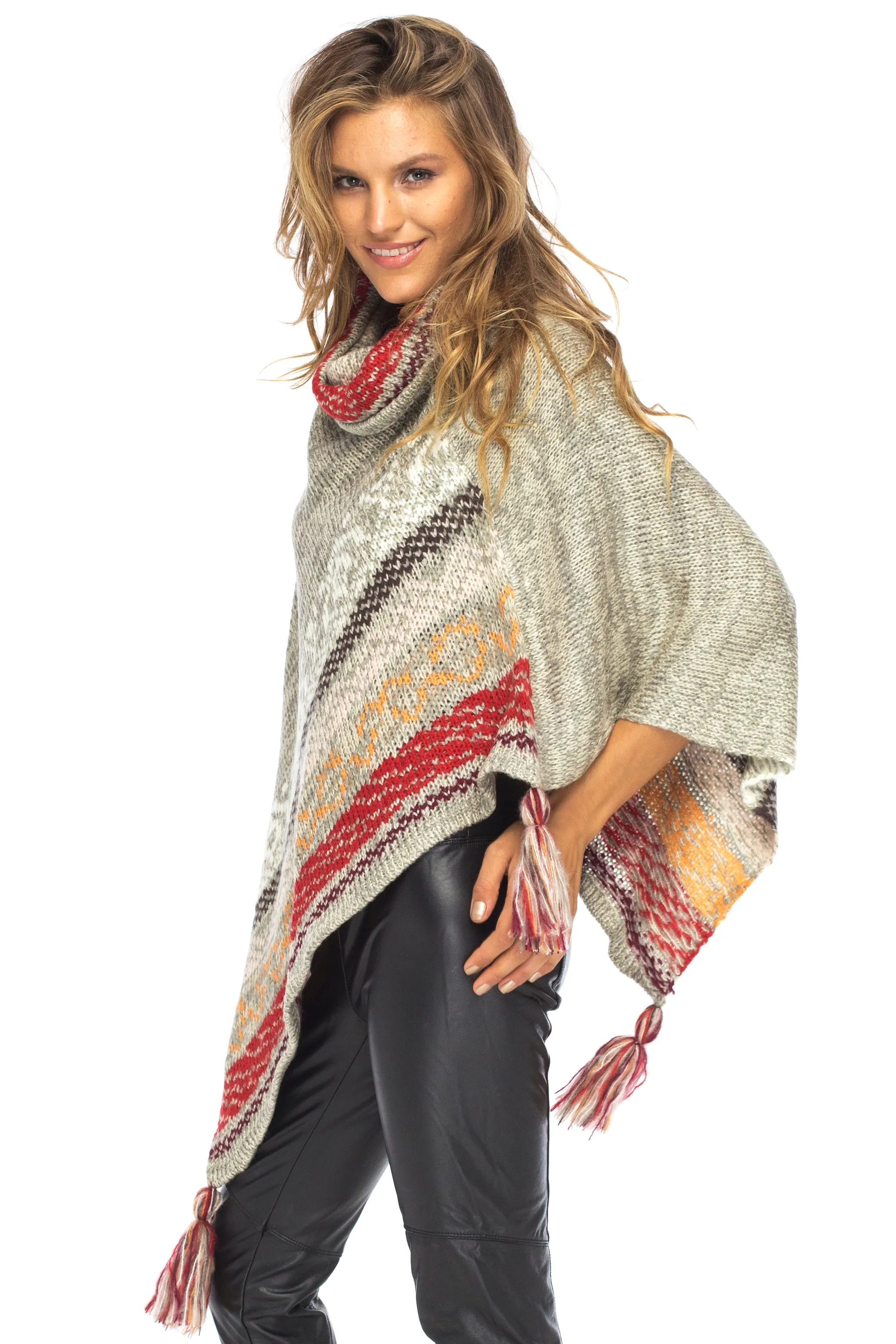 Soft Cowl Neck Poncho with Tassels