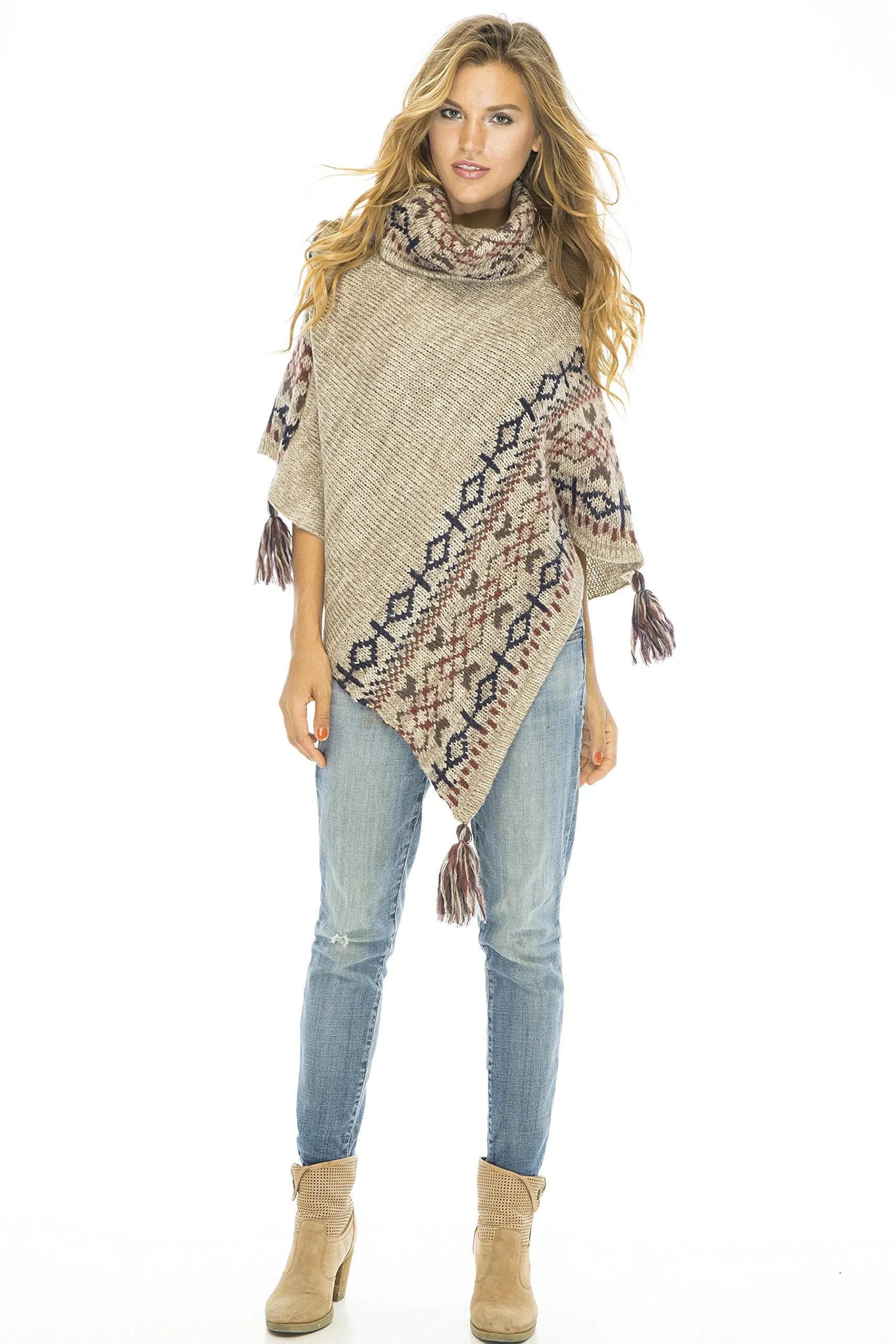 Soft Cowl Neck Poncho with Tassels