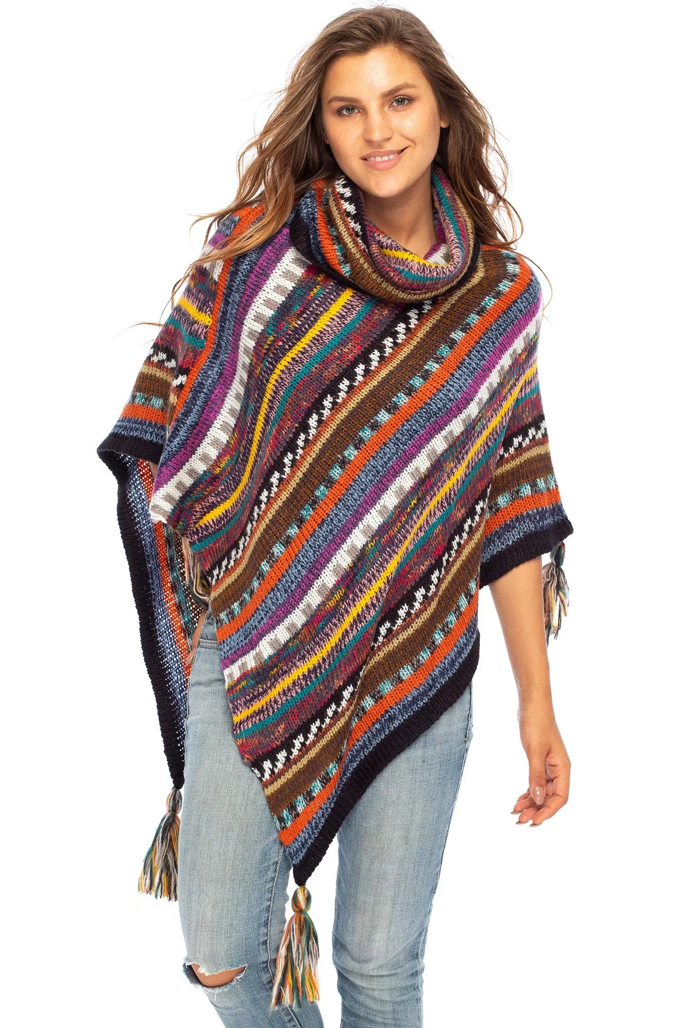 Soft Cowl Neck Poncho with Tassels