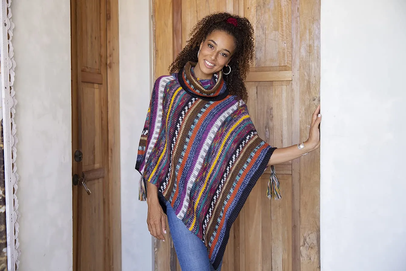 Soft Cowl Neck Poncho with Tassels