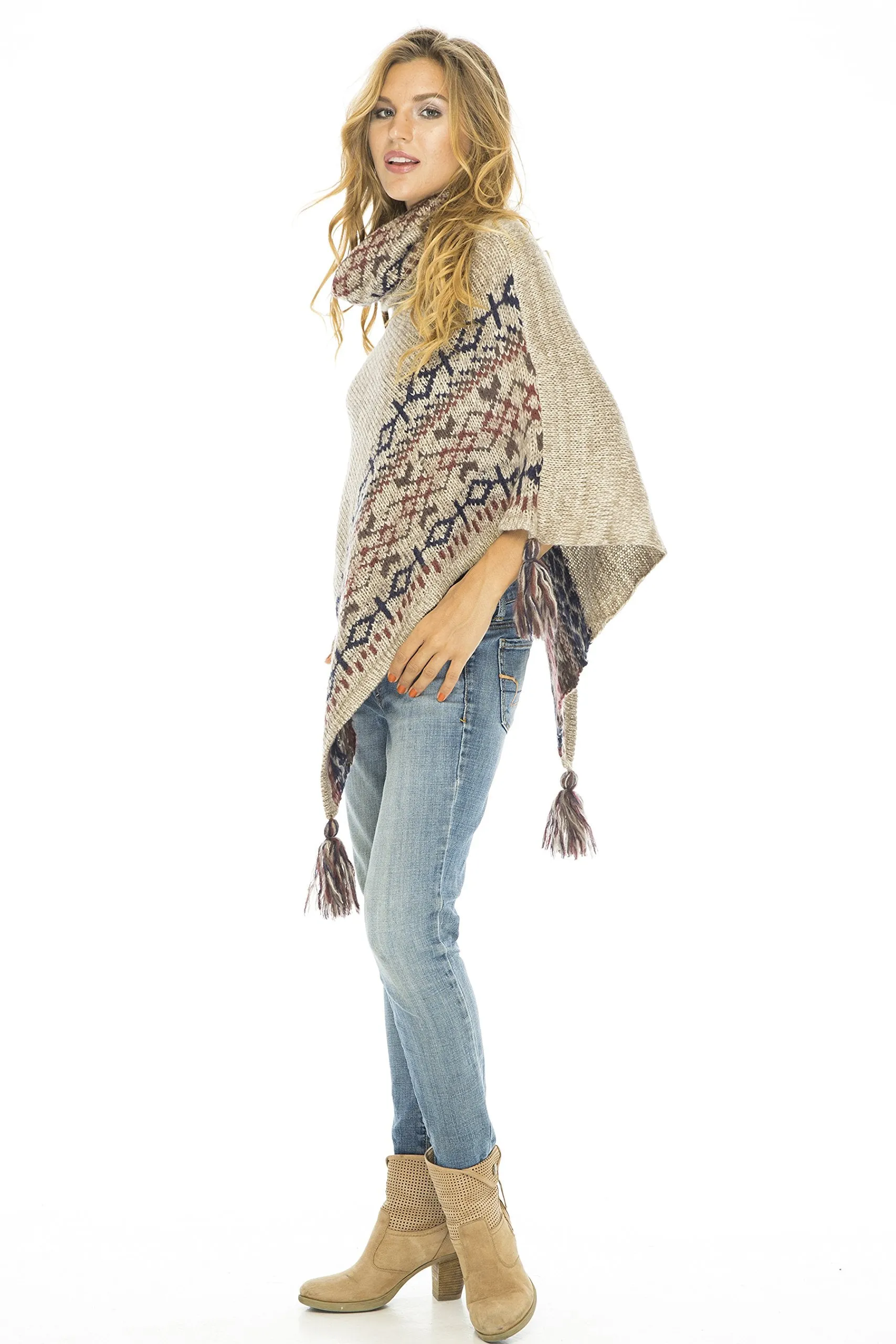 Soft Cowl Neck Poncho with Tassels