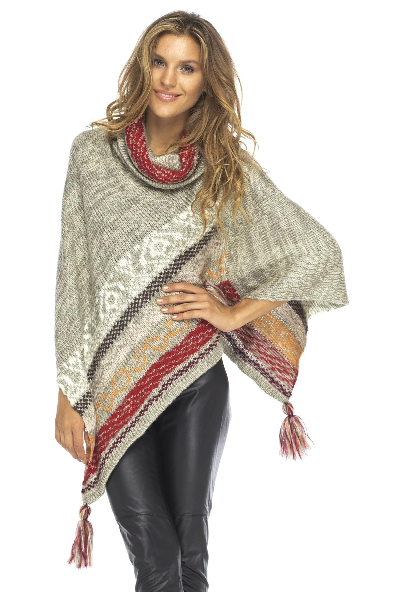 Soft Cowl Neck Poncho with Tassels