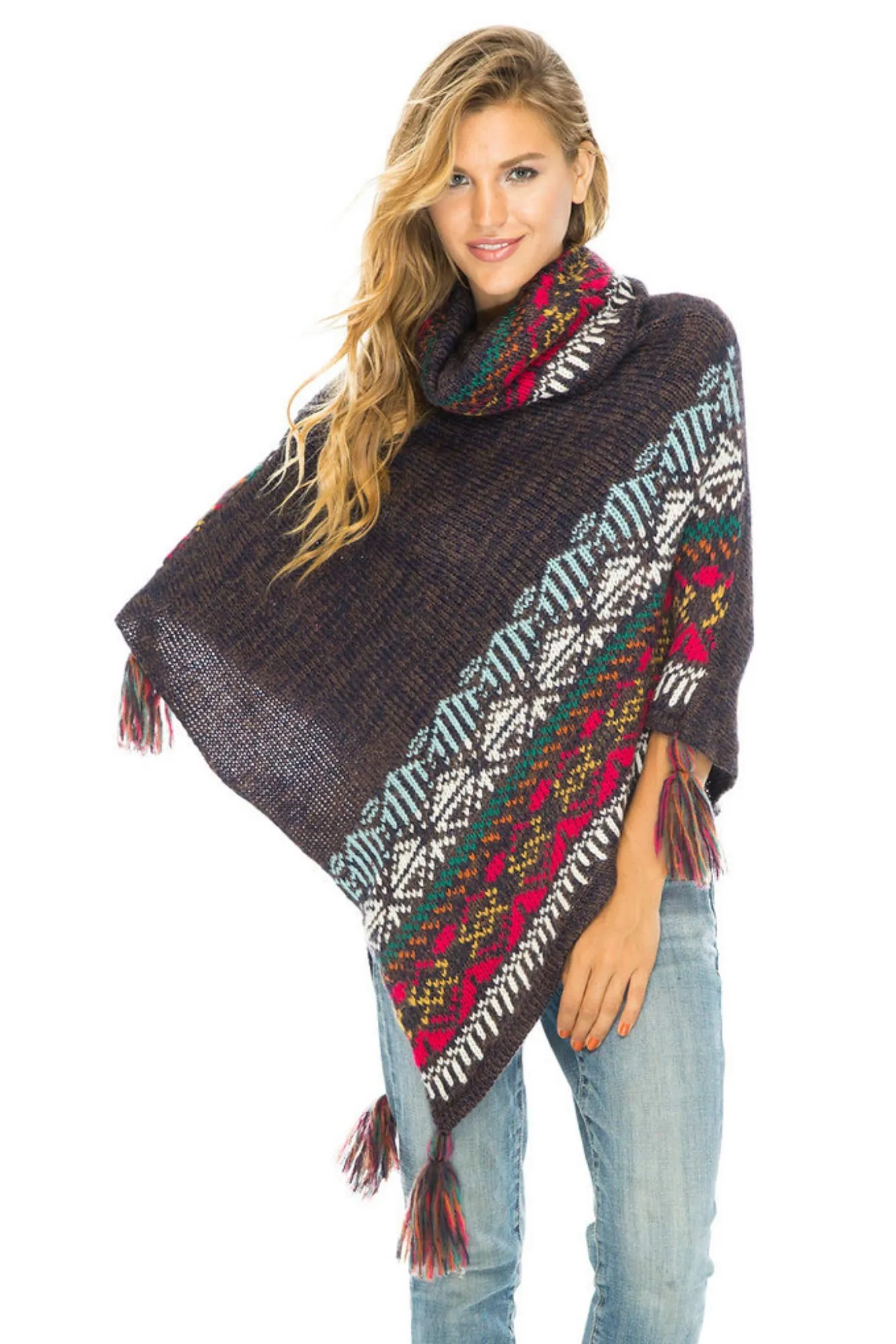 Soft Cowl Neck Poncho with Tassels