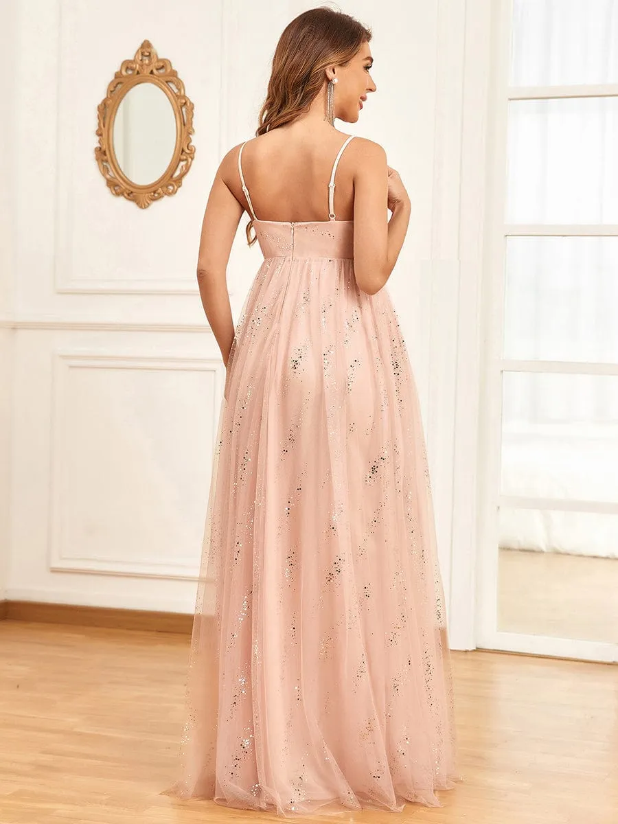 Spaghetti Strap V-Neck Empire Waist Sparkling Maternity Dress