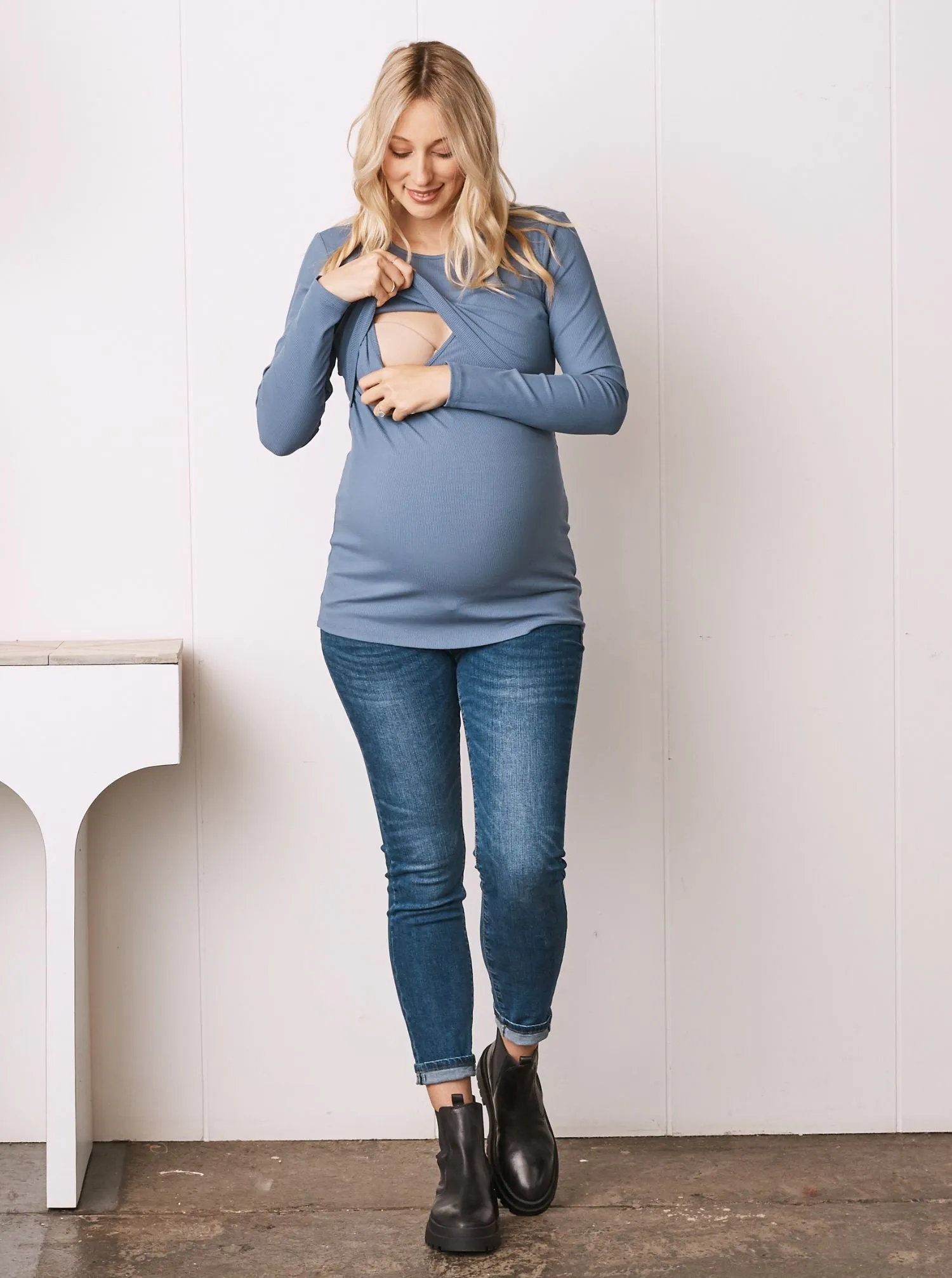 Steel Blue Long Sleeve Maternity & Pull-up Nursing Top