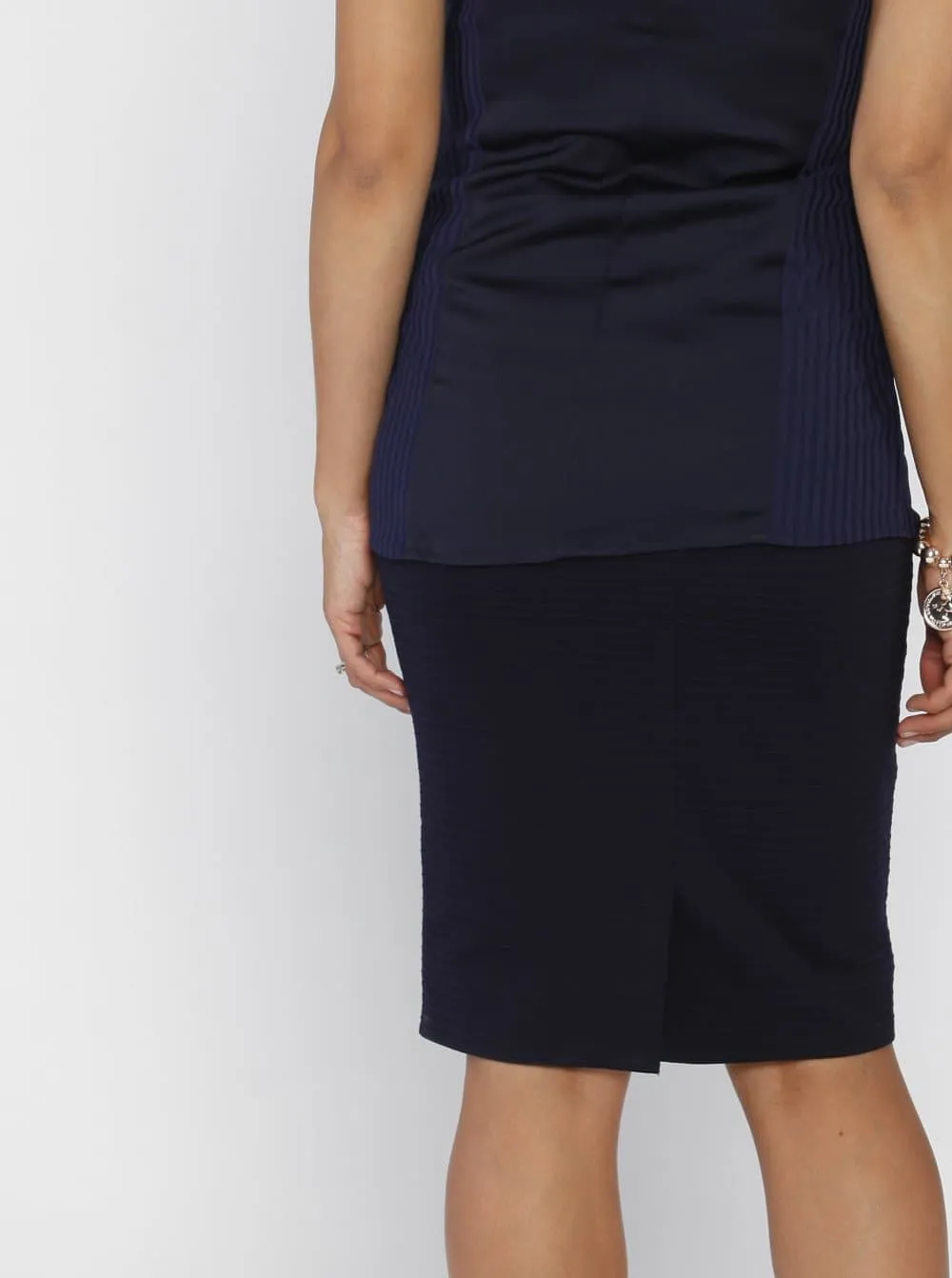 Straight Cut Maternity Work Skirt in Navy Self Stripe