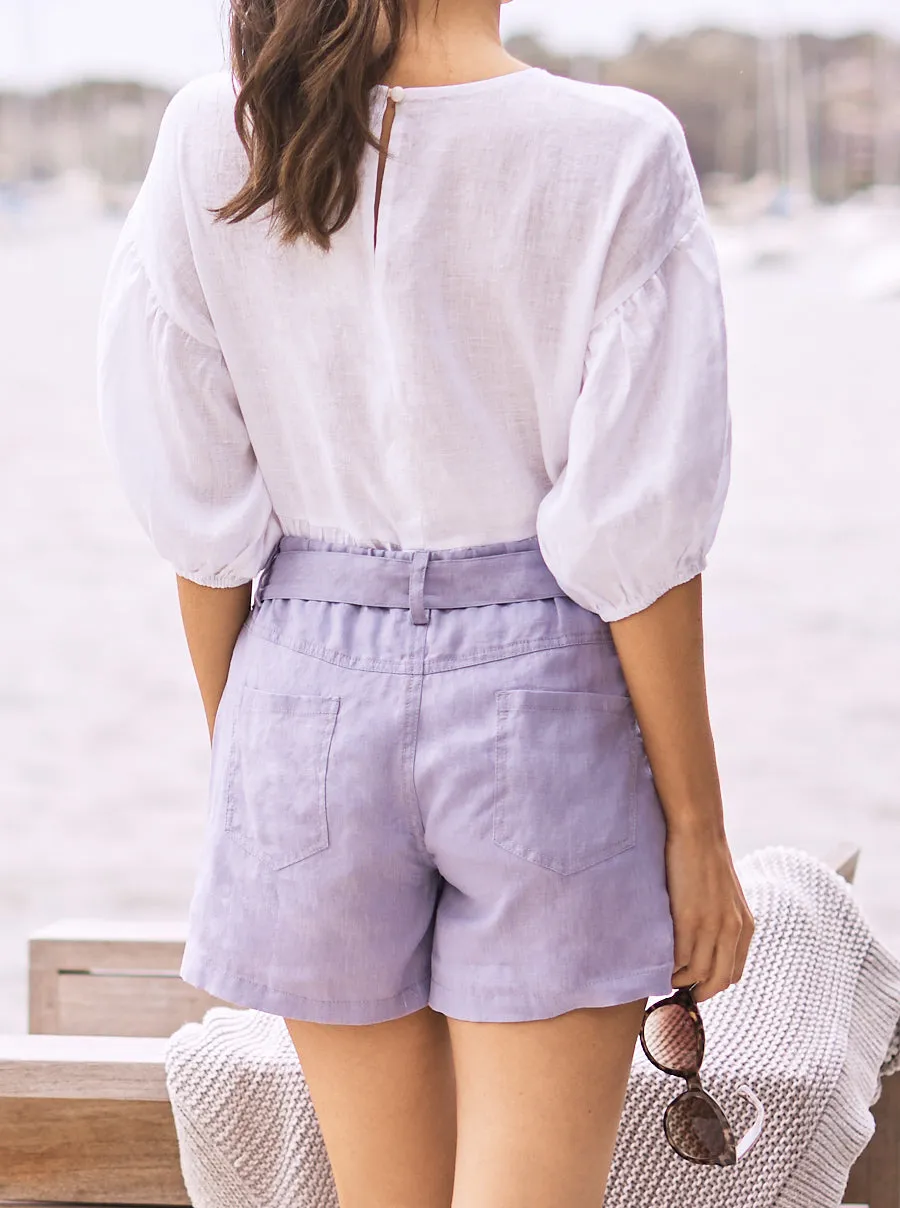 Summer Maternity Low Waist Linen Shorts in Lavender