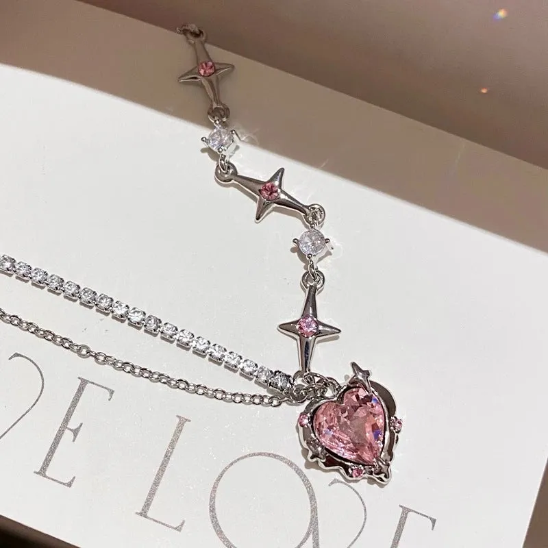 Sweet And Cool Pink Love Diamond Necklace