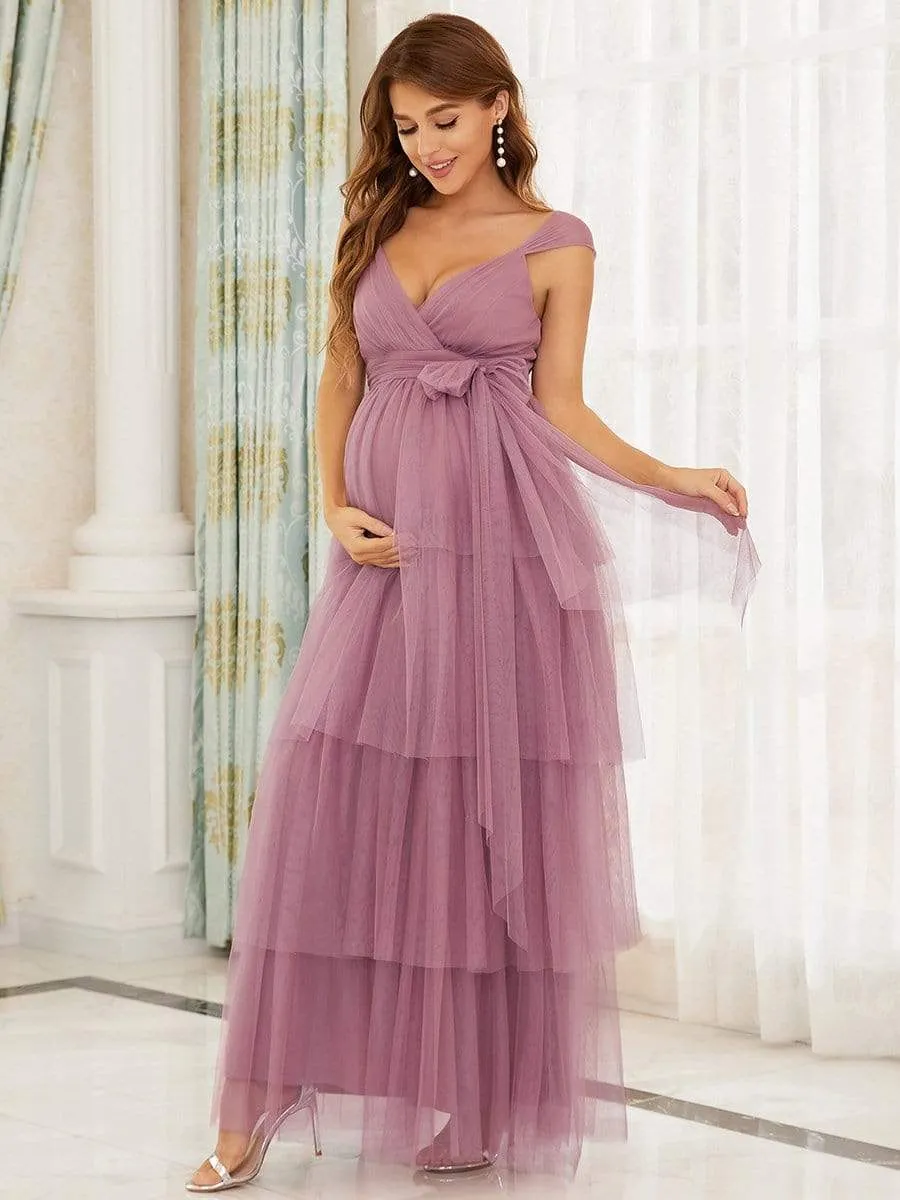 Tie Waist V-Neck Tiered Floor-length Maternity Dress