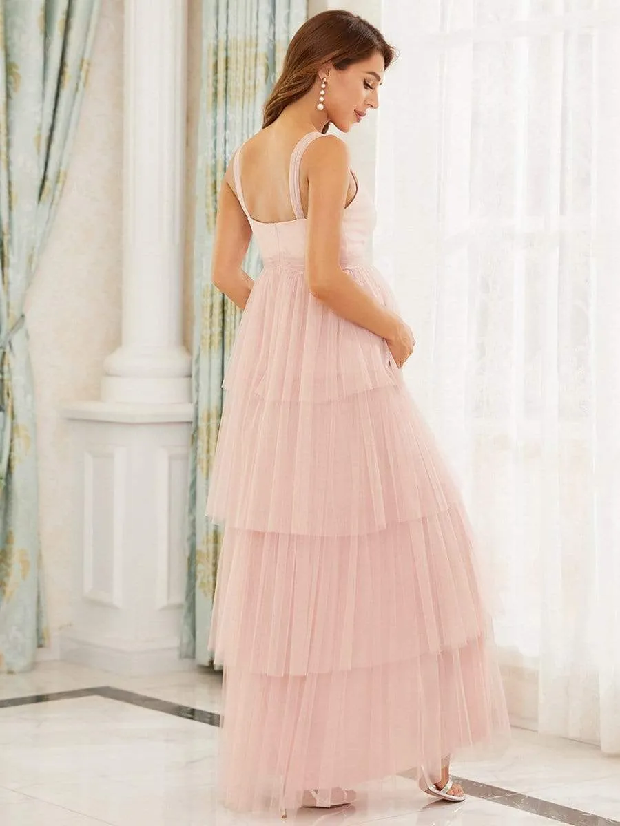 Tie Waist V-Neck Tiered Floor-length Maternity Dress