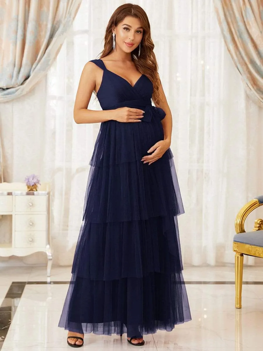 Tie Waist V-Neck Tiered Floor-length Maternity Dress