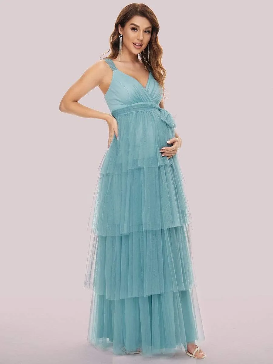 Tie Waist V-Neck Tiered Floor-length Maternity Dress