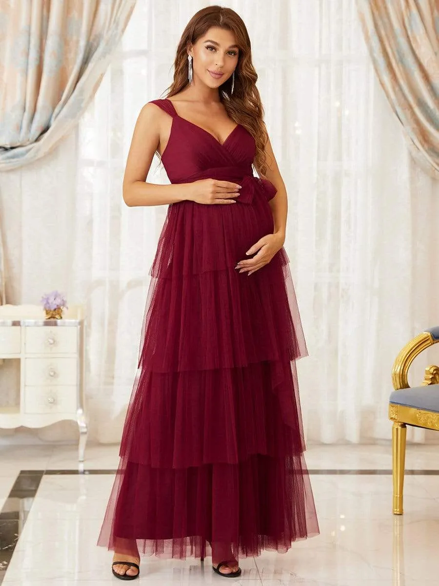 Tie Waist V-Neck Tiered Floor-length Maternity Dress