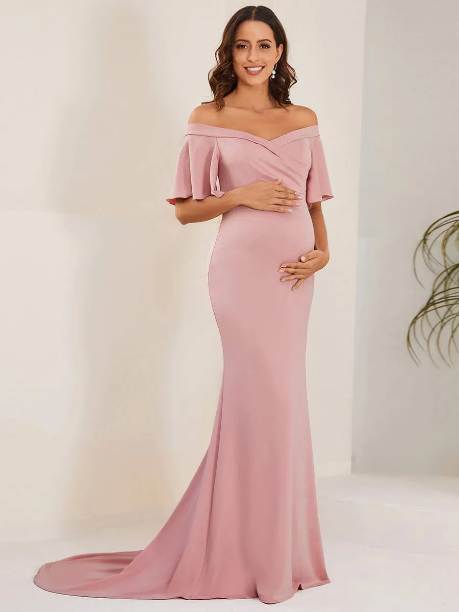 V-Neck Off-Shoulder A-Line Fishtail Maternity Dress