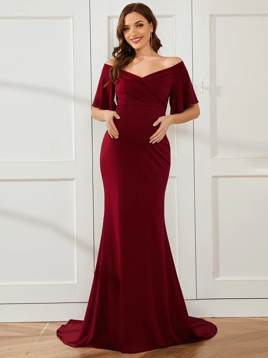 V-Neck Off-Shoulder A-Line Fishtail Maternity Dress