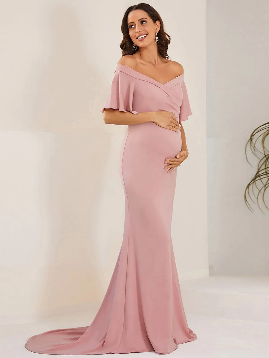 V-Neck Off-Shoulder A-Line Fishtail Maternity Dress