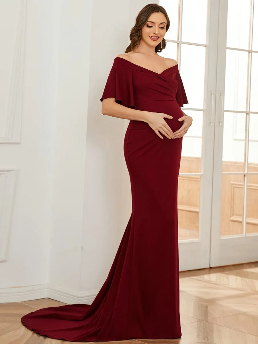 V-Neck Off-Shoulder A-Line Fishtail Maternity Dress