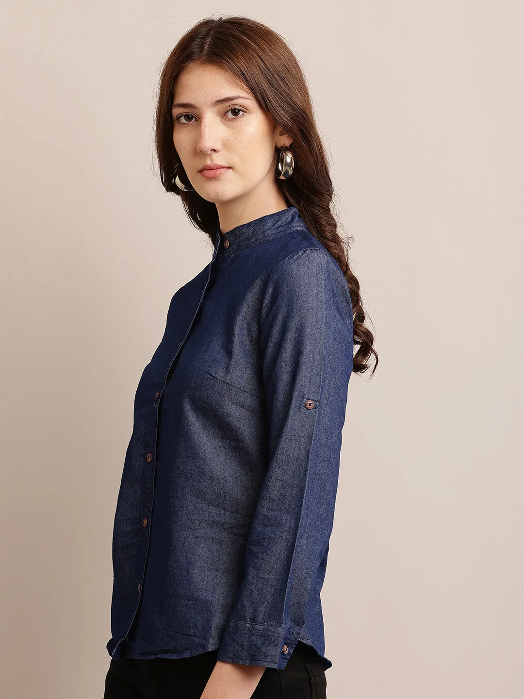 Women Dark Blue Denim Shirt