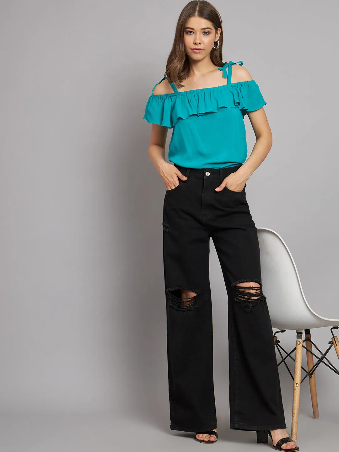 Women Green Open Shoulder Top