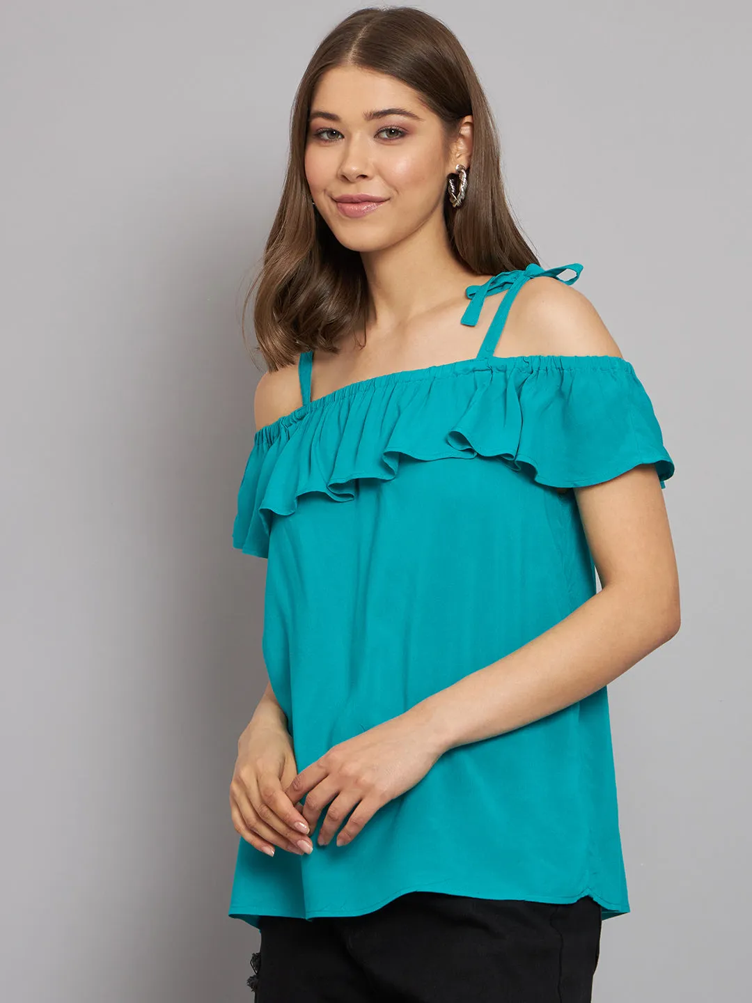 Women Green Open Shoulder Top