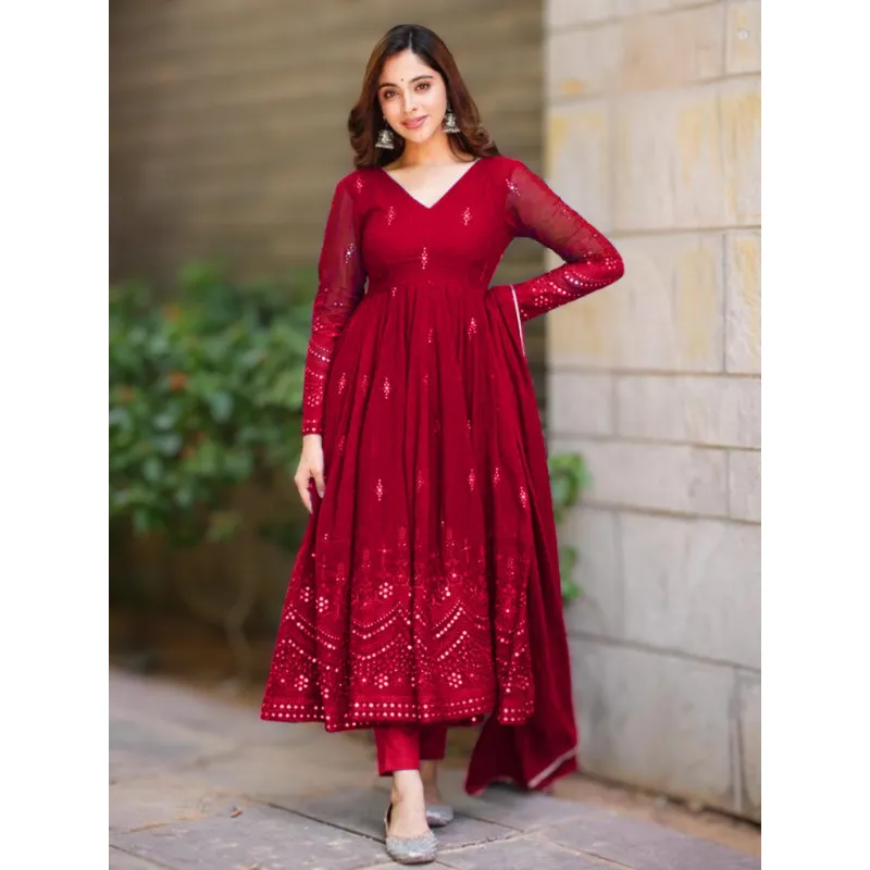 Women Red Designer Gown with Dupatta set