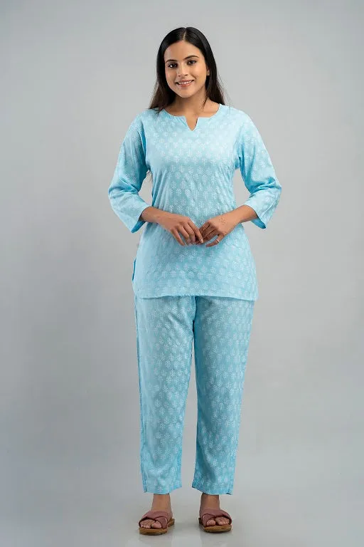 Women's Rayon Printed Plus Size Night Suit Set of Shirt and Pyjama